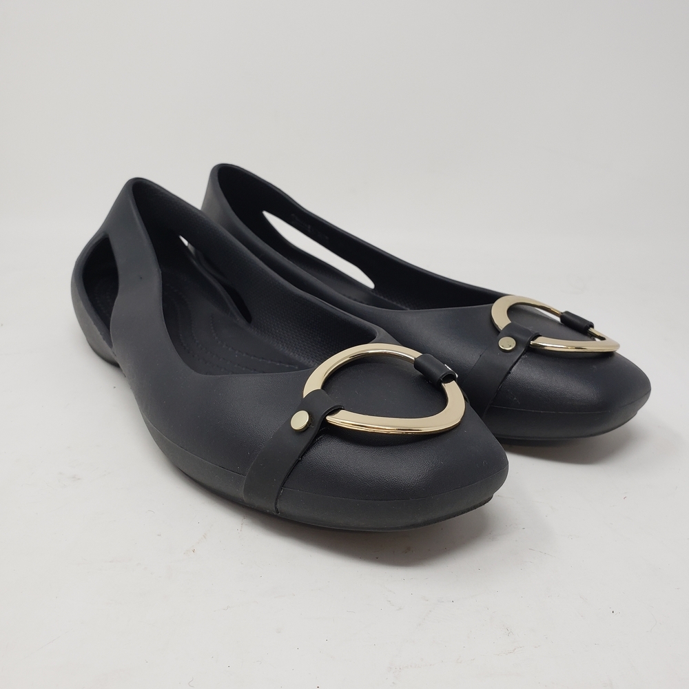 CROCS Sloan Embellished Black Flats with Gold Ring Size 8